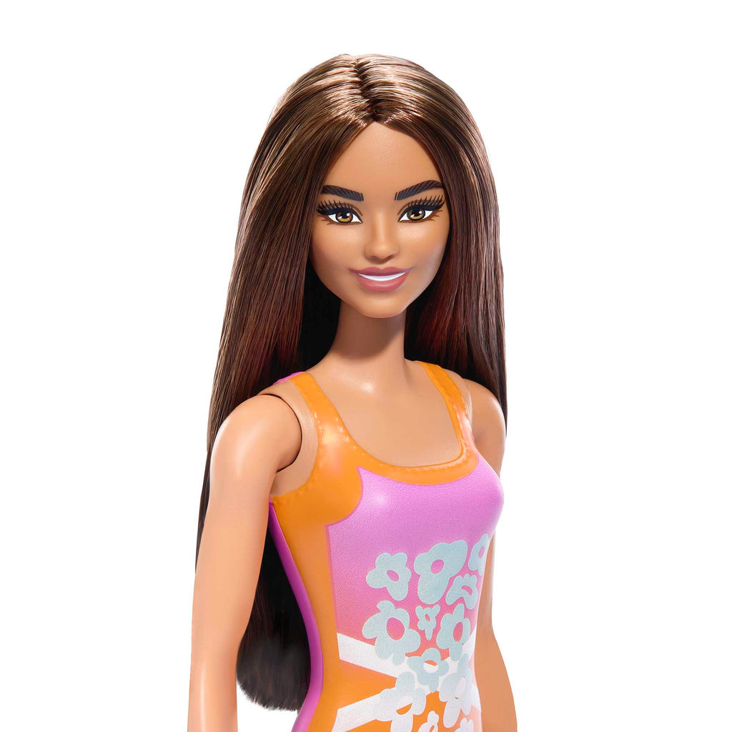 Barbie Plaj Bebeği - Açık Kahve Saçlı, Pembe-Turuncu Tropik Mayo