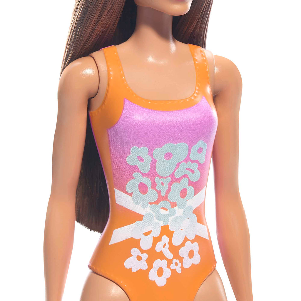Barbie Plaj Bebeği - Açık Kahve Saçlı, Pembe-Turuncu Tropik Mayo
