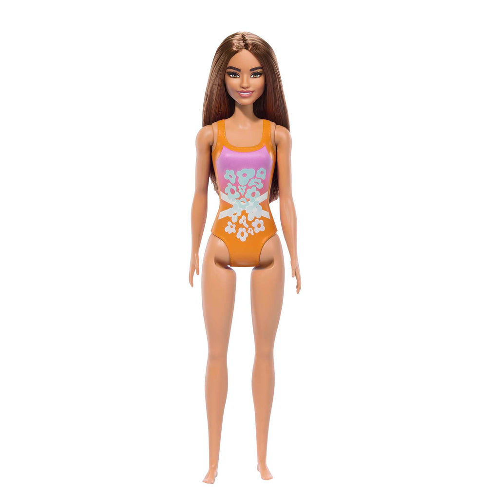 Barbie Plaj Bebeği - Açık Kahve Saçlı, Pembe-Turuncu Tropik Mayo
