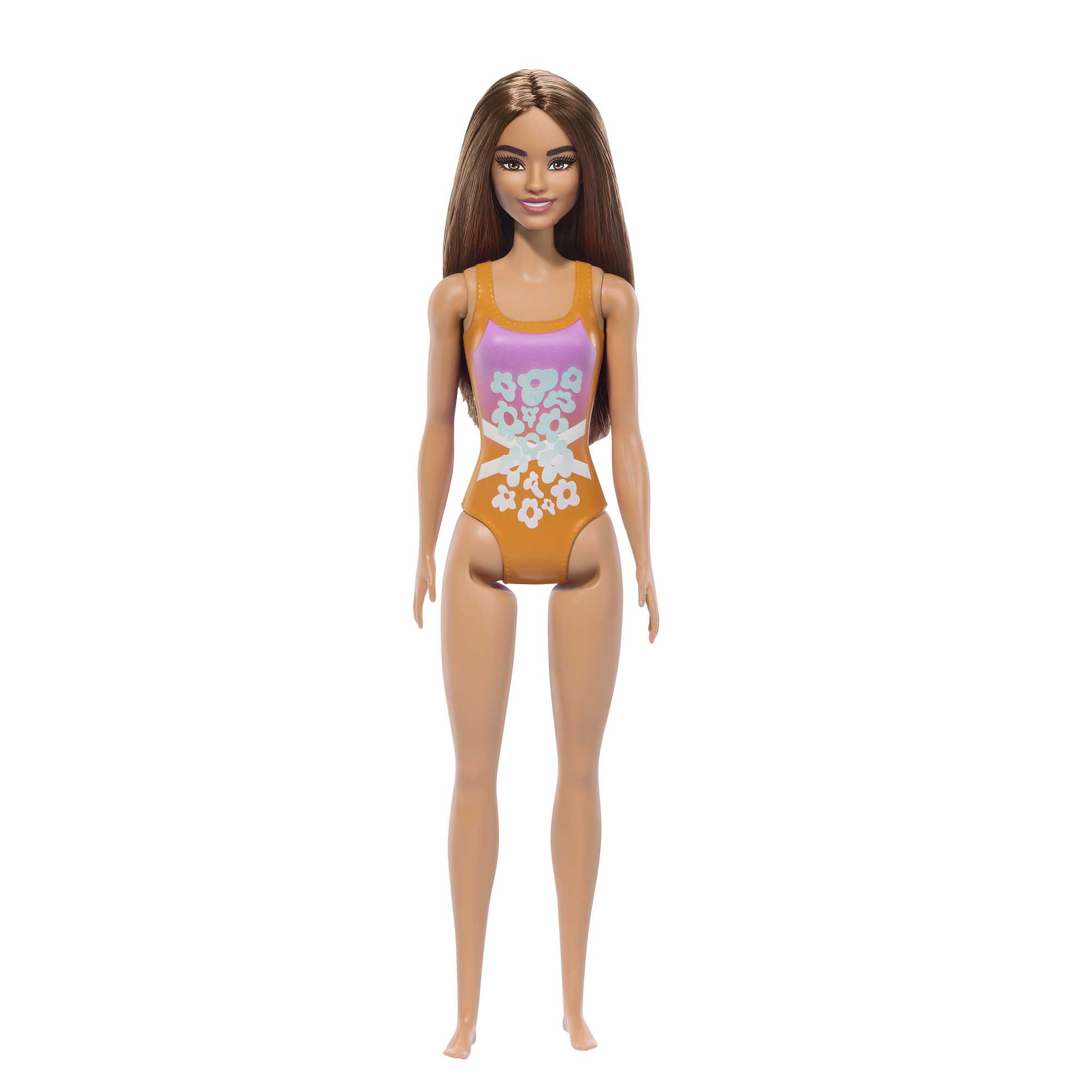 Barbie Plaj Bebeği - Açık Kahve Saçlı, Pembe-Turuncu Tropik Mayo
