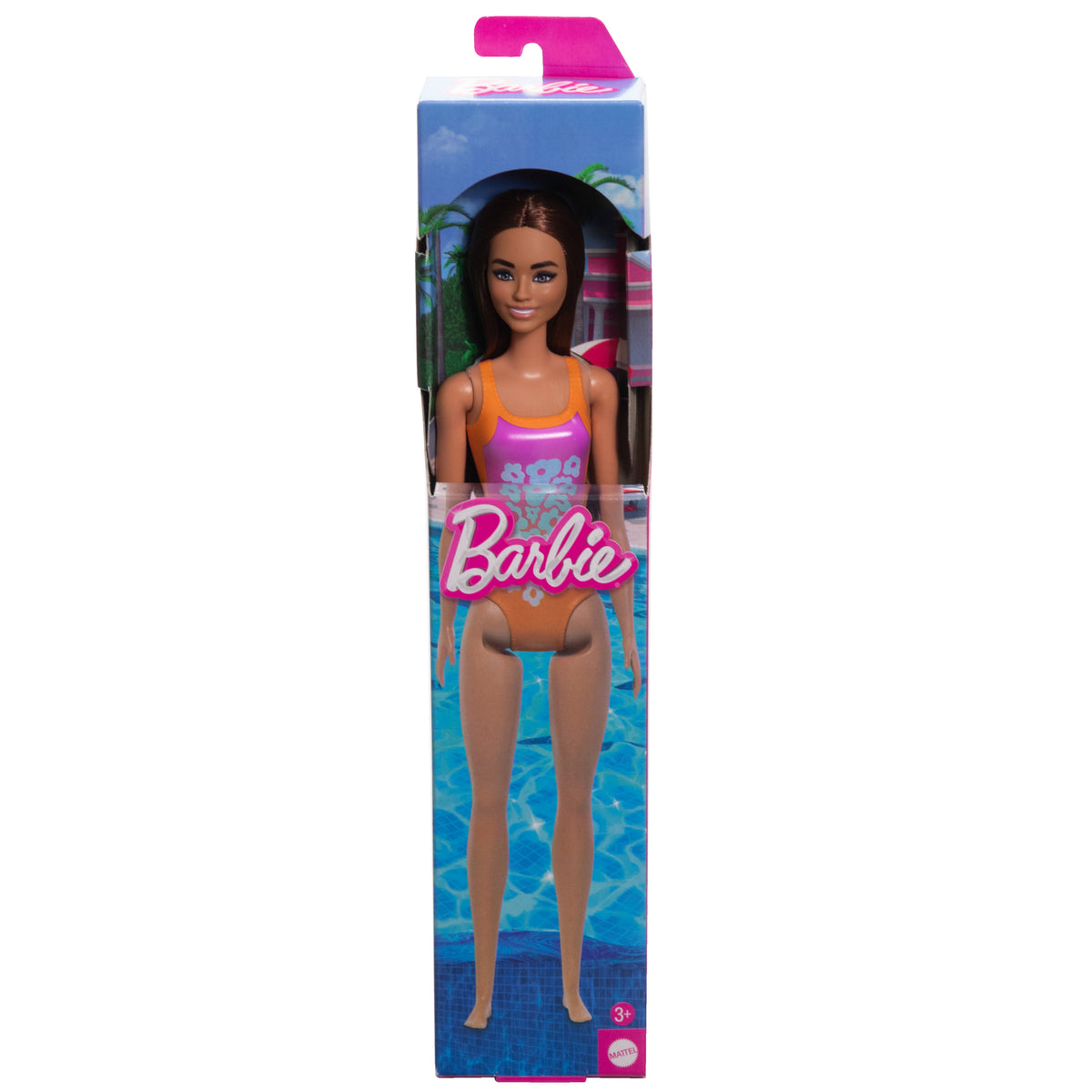 Barbie Plaj Bebeği - Açık Kahve Saçlı, Pembe-Turuncu Tropik Mayo