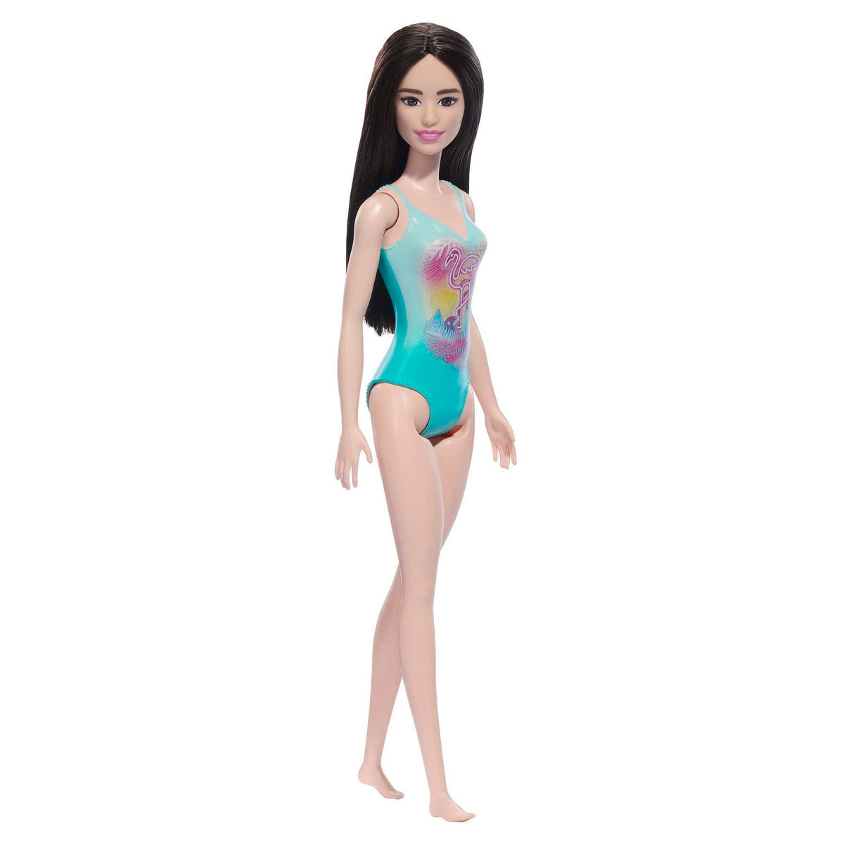 Barbie Plaj Bebeği - Siyah Saçlı, Mavi Tropik Mayo