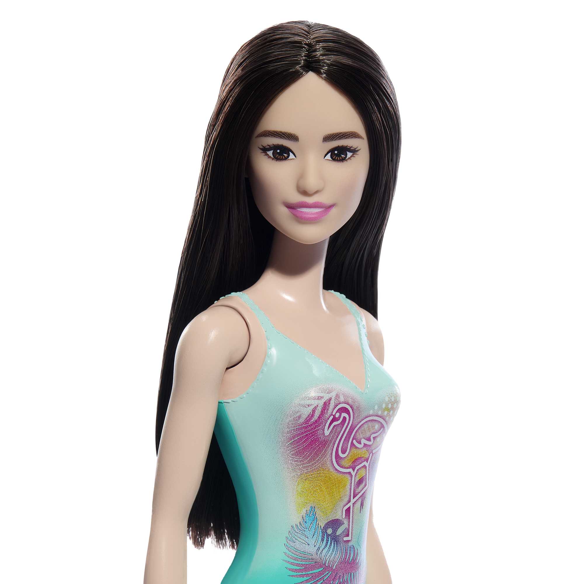 Barbie Plaj Bebeği - Siyah Saçlı, Mavi Tropik Mayo