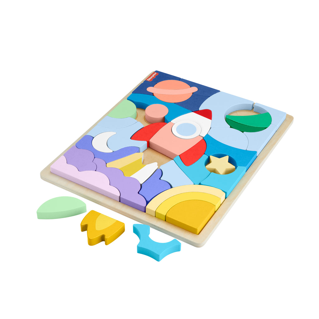 Okul öncesi çağdaki çocuklar için 42 ahşap parçadan oluşan Fisher-Price® Uzay Temalı Ahşap Yapboz Blokları