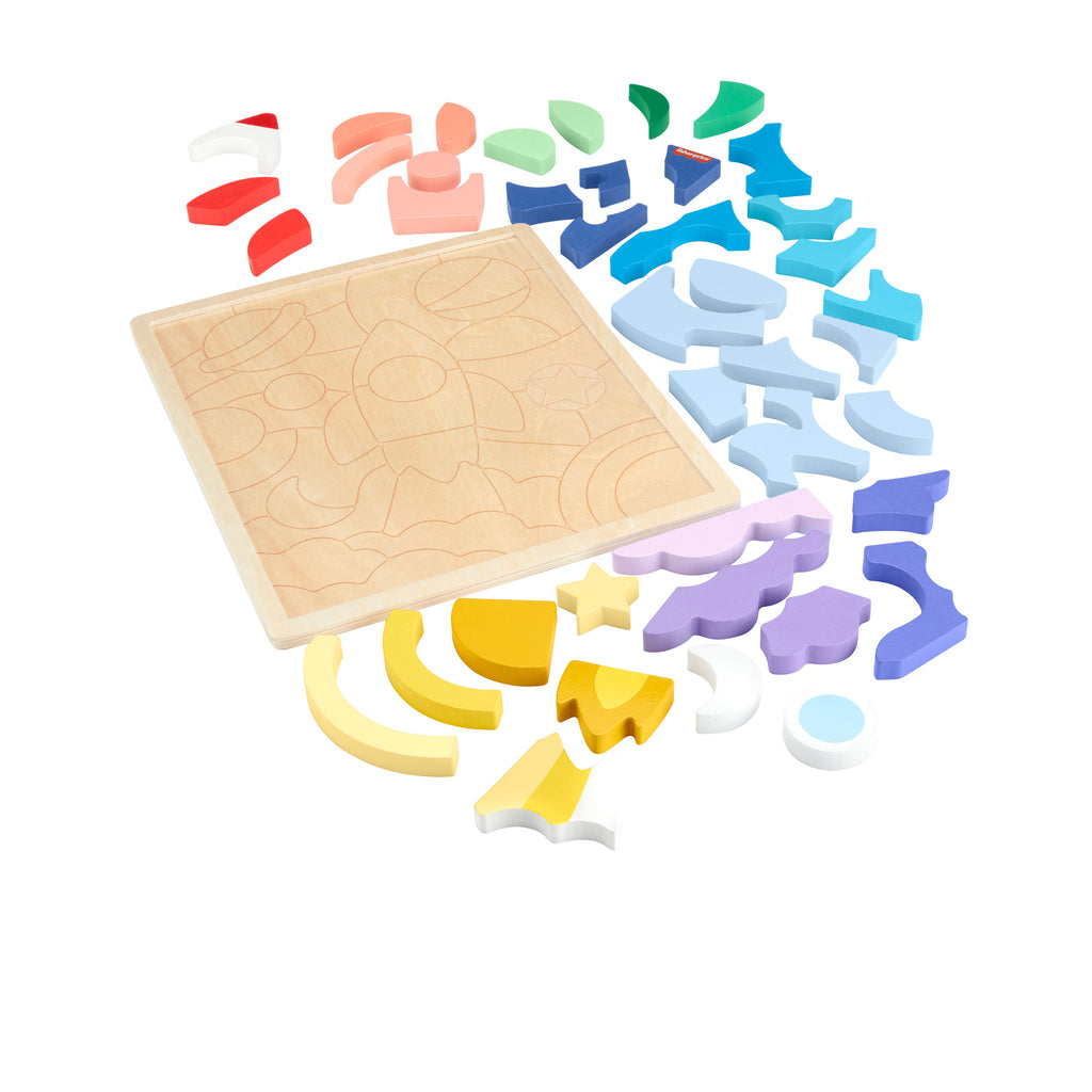 Okul öncesi çağdaki çocuklar için 42 ahşap parçadan oluşan Fisher-Price® Uzay Temalı Ahşap Yapboz Blokları