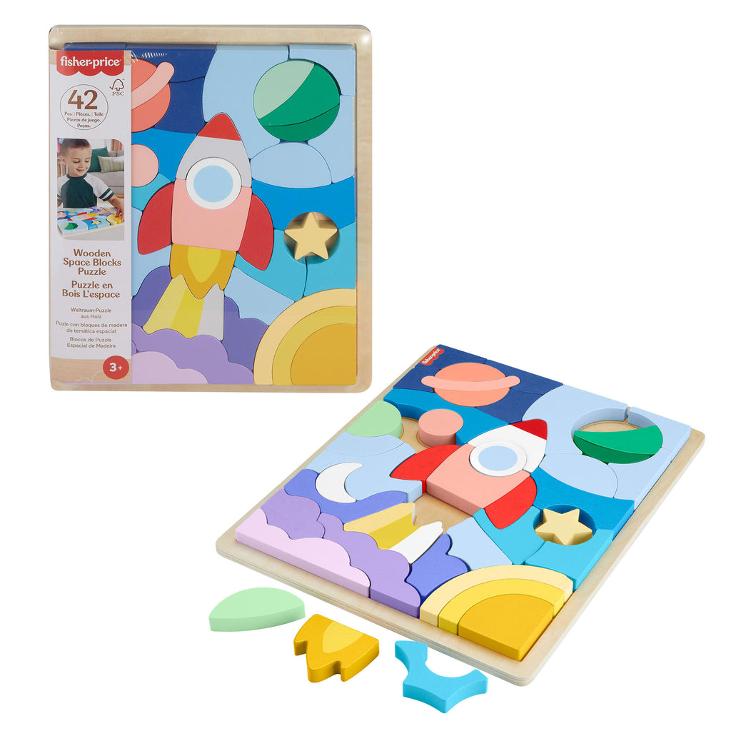 Okul öncesi çağdaki çocuklar için 42 ahşap parçadan oluşan Fisher-Price® Uzay Temalı Ahşap Yapboz Blokları