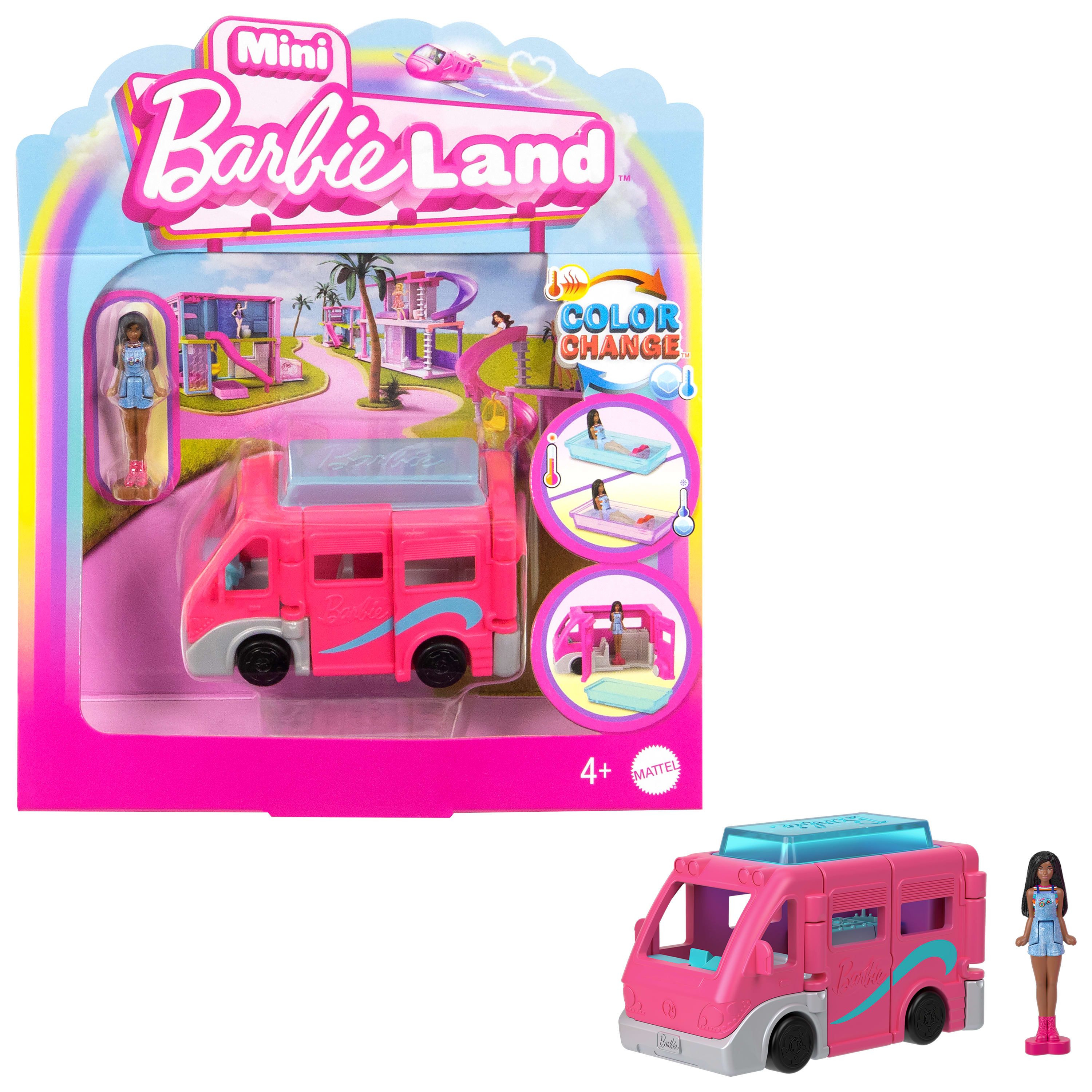 Barbie Mini BarbieLand bebek ve araç seti, 4 cm bebek ile renk değiştiren havuzuyla Rüya Karavanı