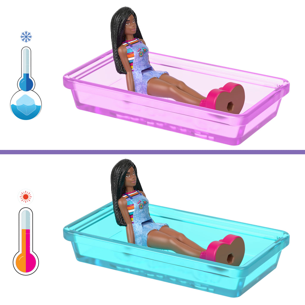 Barbie Mini BarbieLand bebek ve araç seti, 4 cm bebek ile renk değiştiren havuzuyla Rüya Karavanı