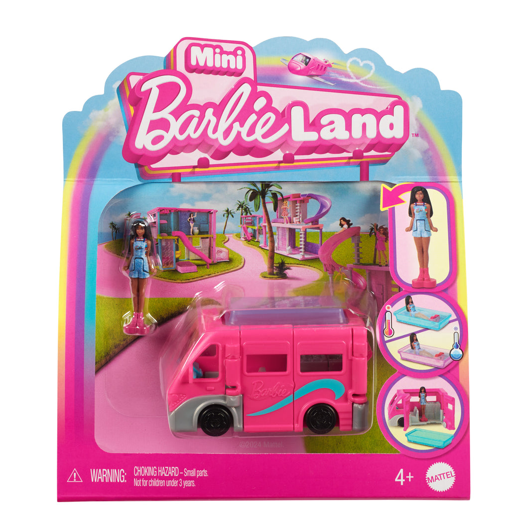 Barbie Mini BarbieLand bebek ve araç seti, 4 cm bebek ile renk değiştiren havuzuyla Rüya Karavanı