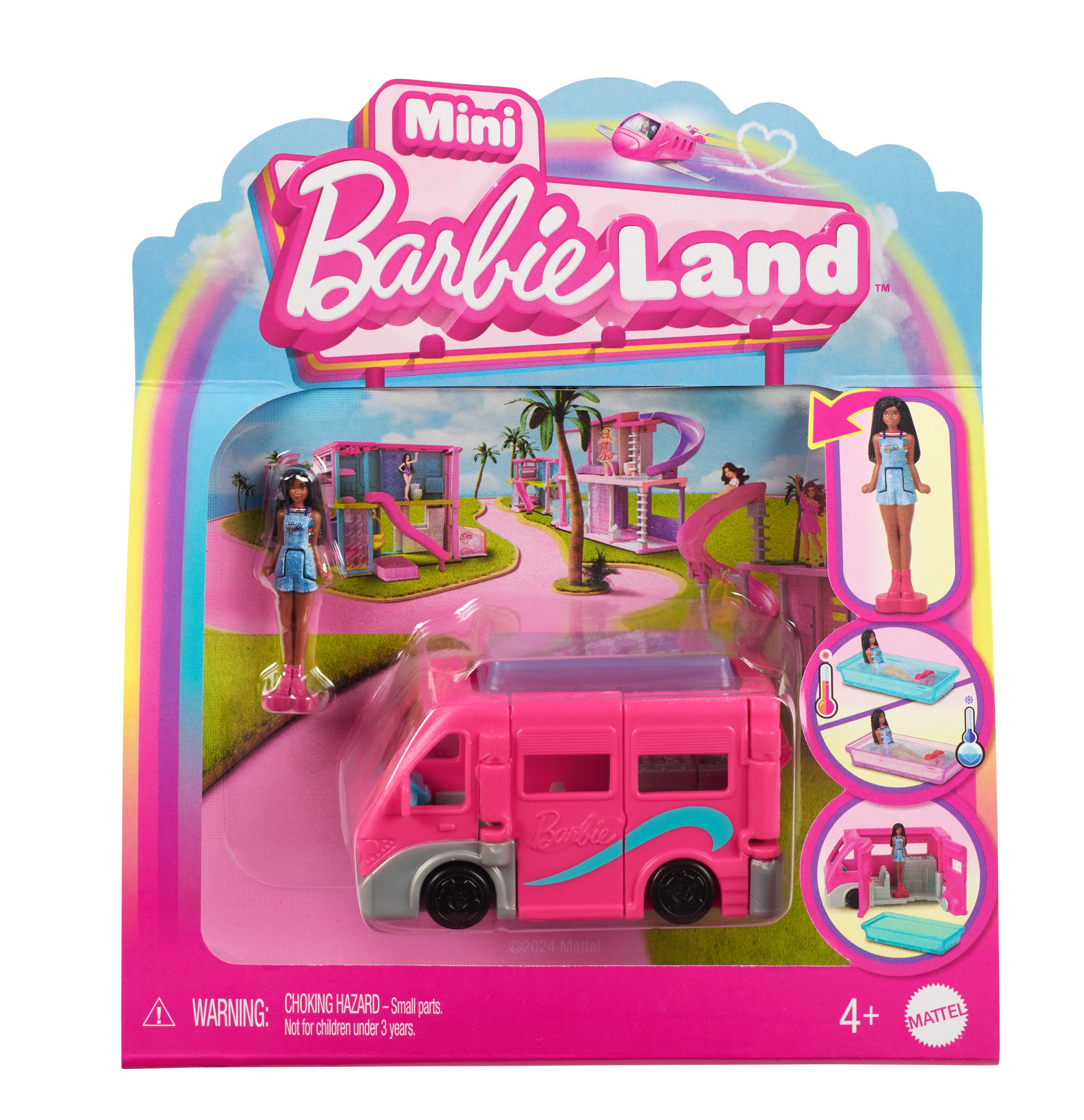Barbie Mini BarbieLand bebek ve araç seti, 4 cm bebek ile renk değiştiren havuzuyla Rüya Karavanı