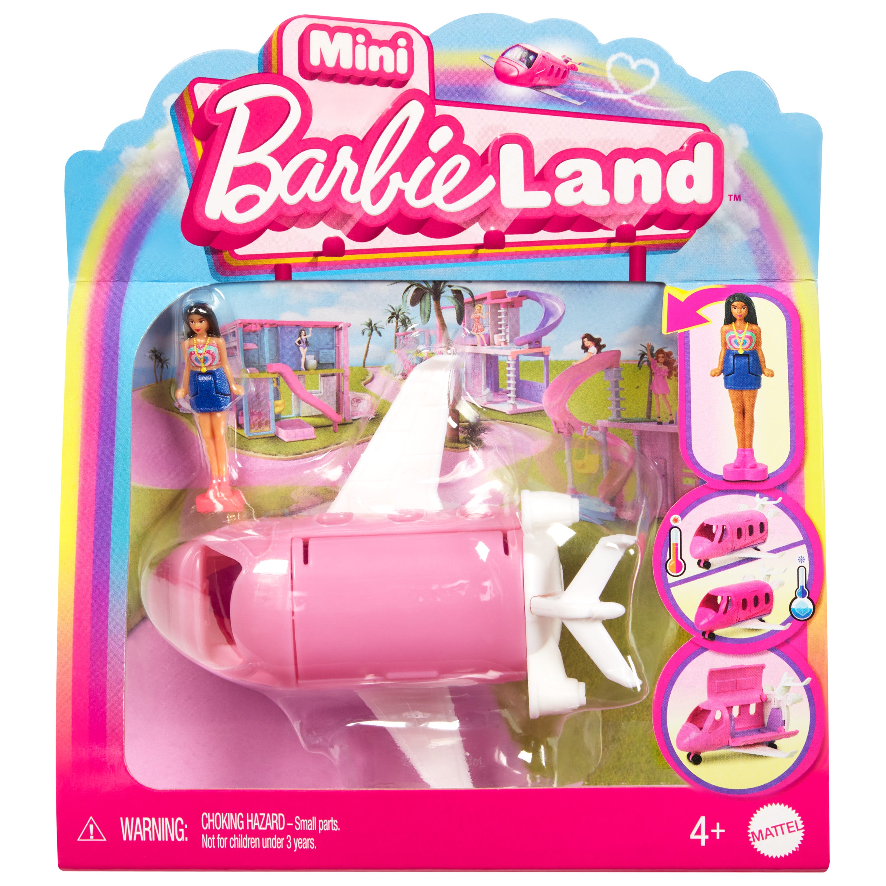 Barbie Mini BarbieLand bebek ve araç seti, 4 cm bebek ile renk değiştiren Rüya Uçağı