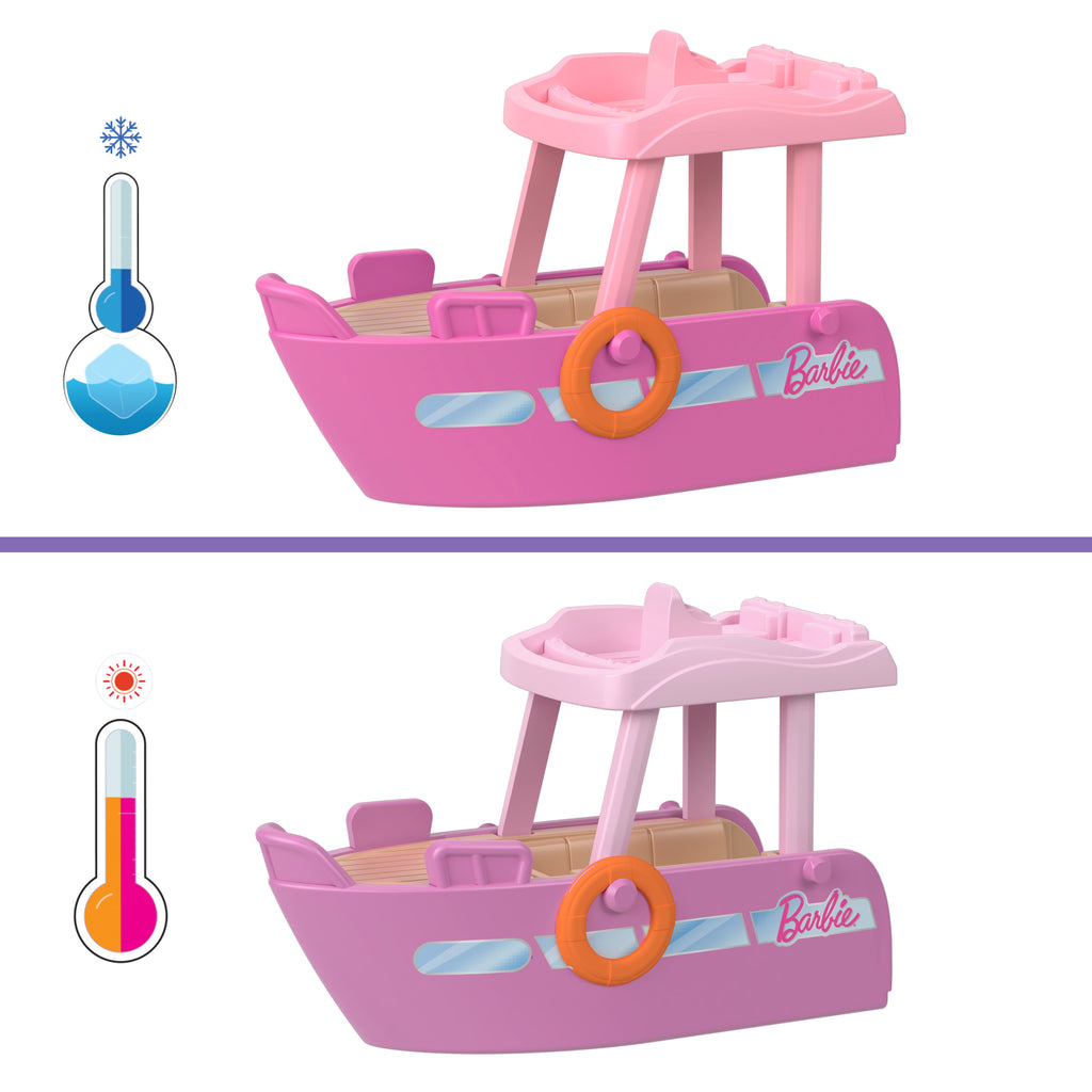 Barbie Mini BarbieLand bebek ve araç seti, 4 cm bebek ile renk değiştiren Rüya Teknesi