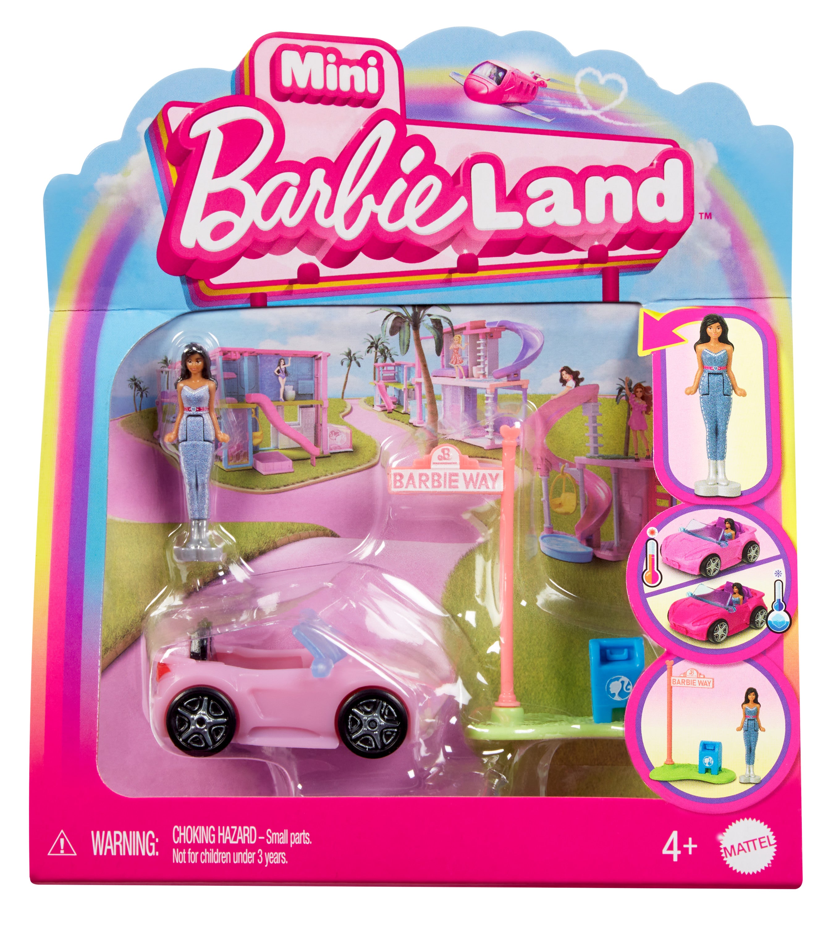 Barbie Mini BarbieLand bebek ve araç seti, 4 cm bebek ve renk değiştiren üstü açık araba