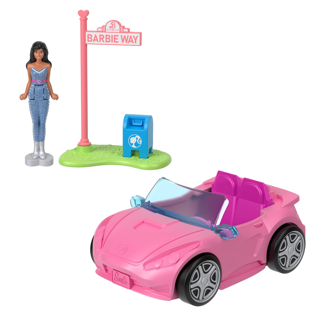 Barbie Mini BarbieLand bebek ve araç seti, 4 cm bebek ve renk değiştiren üstü açık araba