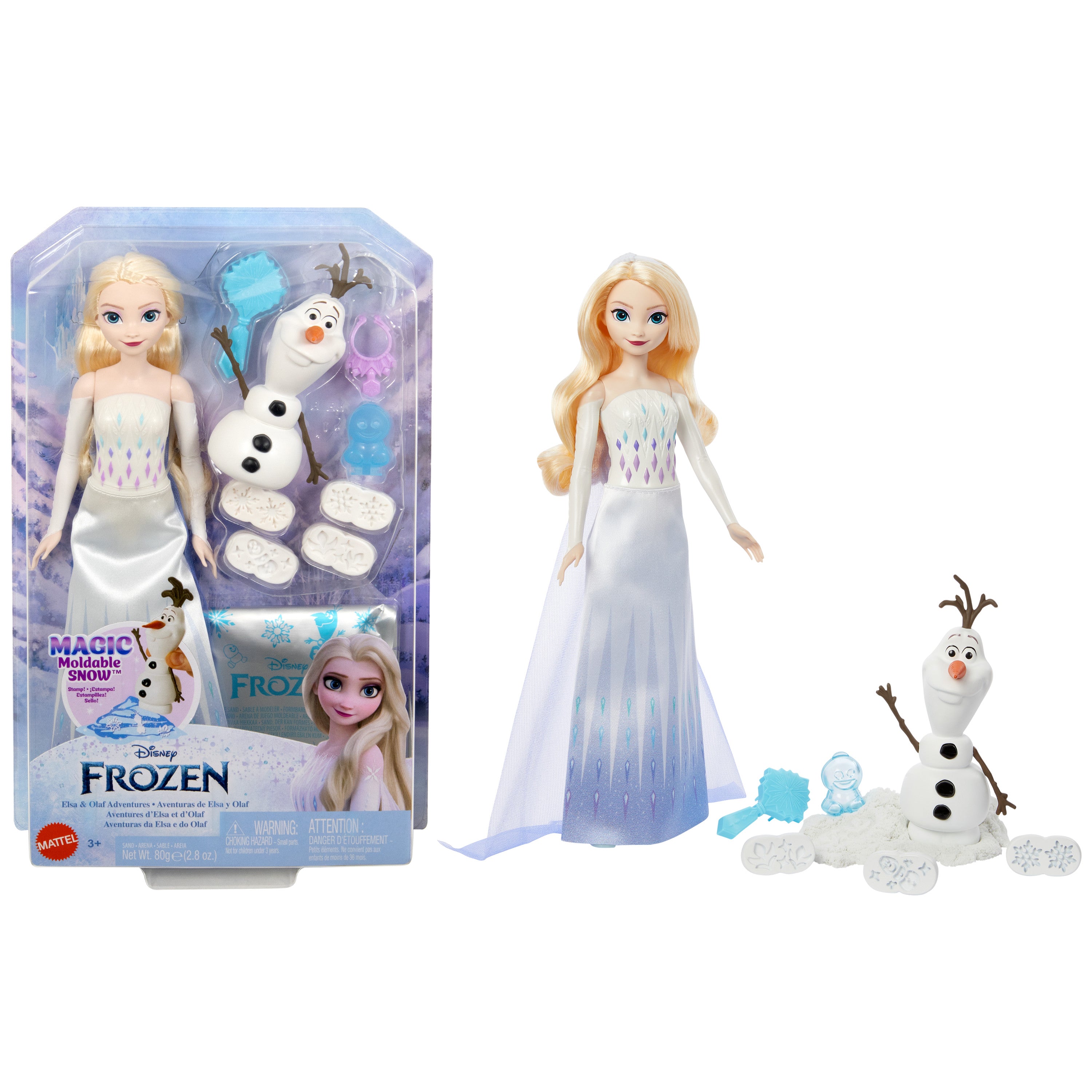 Elsa bebek, Olaf figürü, şekillendirilebilir kum ve 4 damga içeren Disney Karlar Ülkesi Elsa ve Olaf'ın maceraları