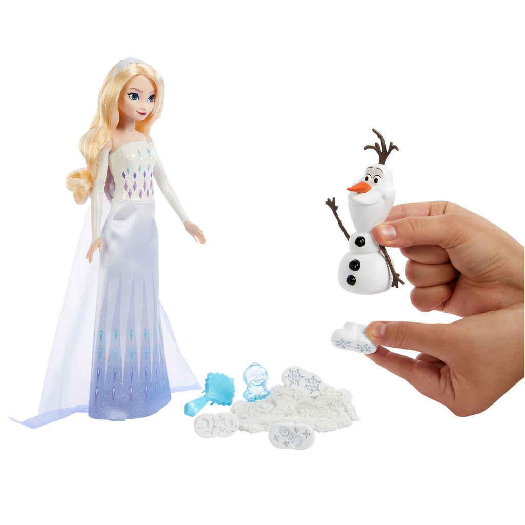 Elsa bebek, Olaf figürü, şekillendirilebilir kum ve 4 damga içeren Disney Karlar Ülkesi Elsa ve Olaf'ın maceraları
