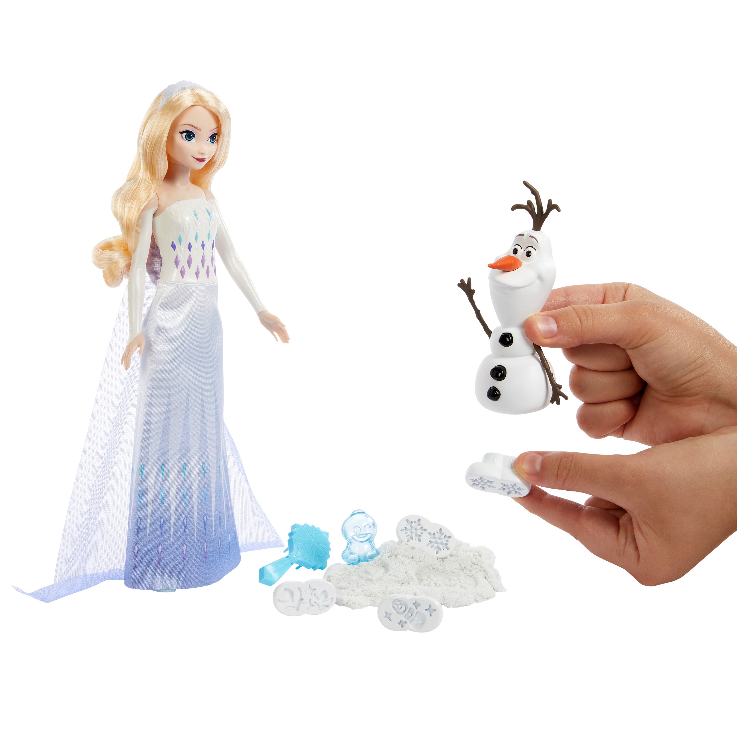 Elsa bebek, Olaf figürü, şekillendirilebilir kum ve 4 damga içeren Disney Karlar Ülkesi Elsa ve Olaf'ın maceraları