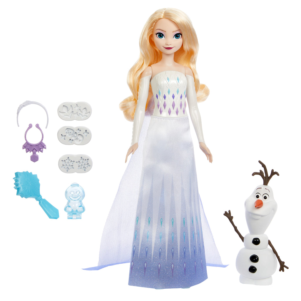 Elsa bebek, Olaf figürü, şekillendirilebilir kum ve 4 damga içeren Disney Karlar Ülkesi Elsa ve Olaf'ın maceraları