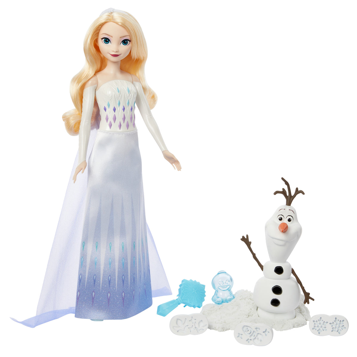 Elsa bebek, Olaf figürü, şekillendirilebilir kum ve 4 damga içeren Disney Karlar Ülkesi Elsa ve Olaf'ın maceraları