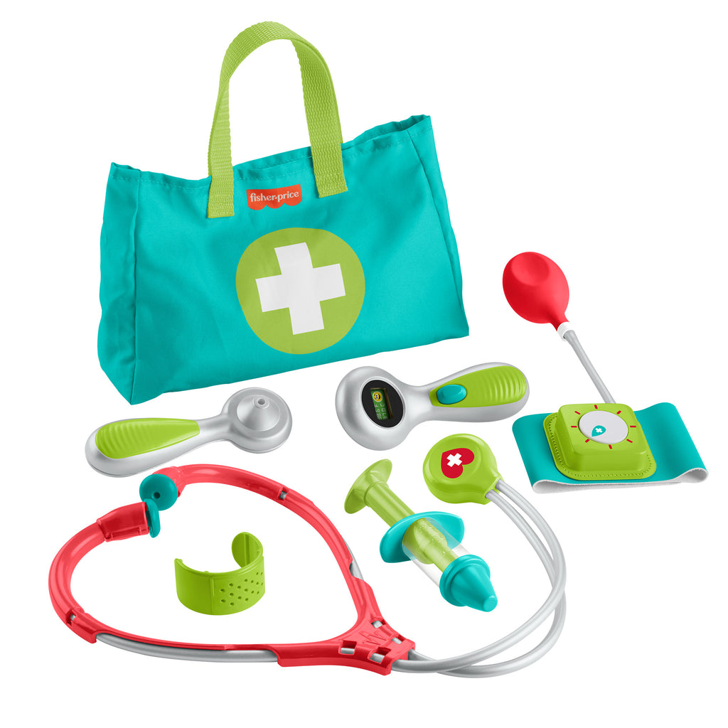 Okul öncesi çağdaki 3 yaş ve üzeri çocuklar için 7 parçadan oluşan Fisher-Price Doktor Seti doktor oyuncakları