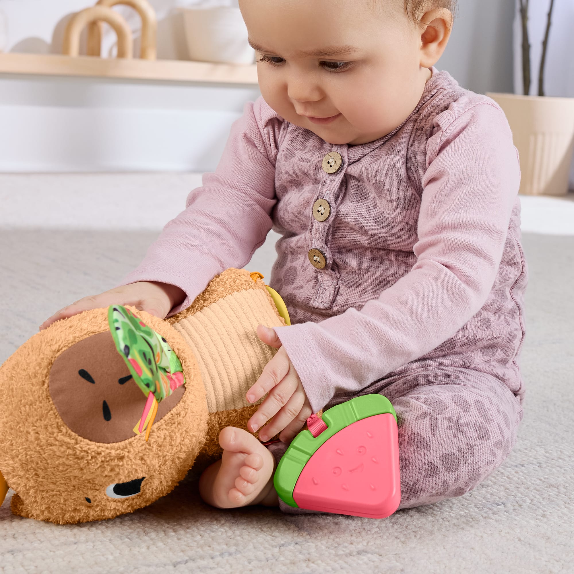 Yenidoğanlar için dişliği ve çıngırağı olan Yumuşacık Obur Kapi duyusal gelişime yardımcı peluş bebek oyuncağı
