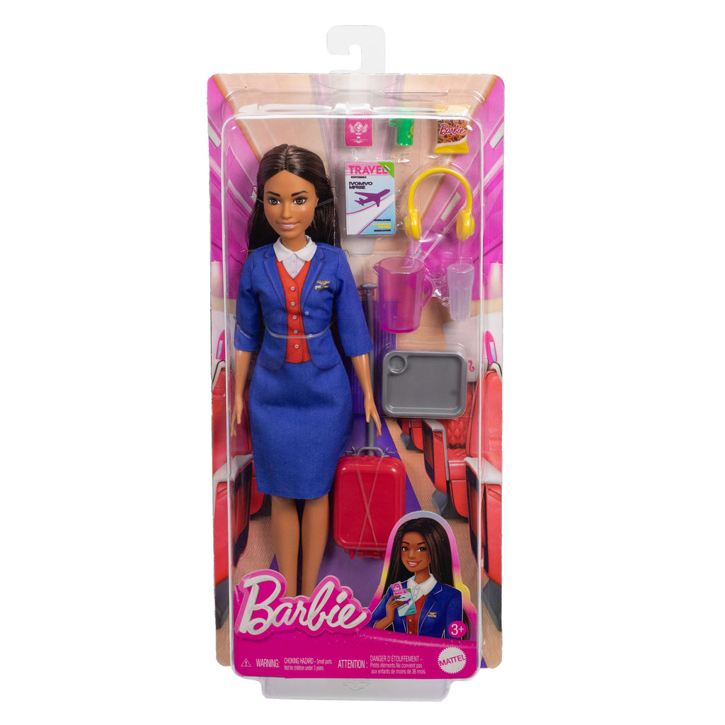 Bavul, kulaklık ve pasaport aksesuarlarıyla mavi üniforma giyen Hostes Barbie bebek