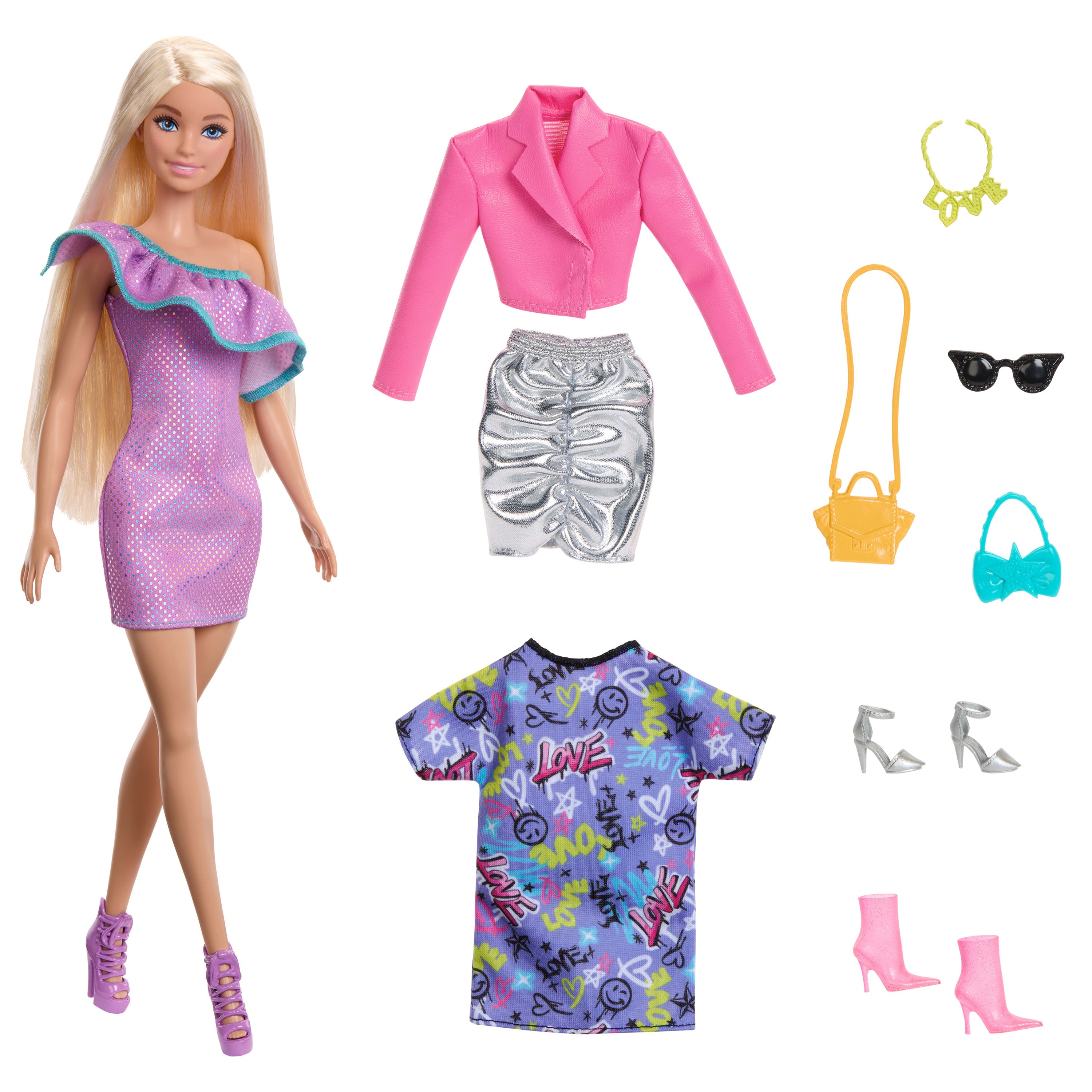 Parti elbiseleri ve çantalar dahil kıyafetleri ve aksesuarlarıyla Barbie bebek (3 farklı kombin)