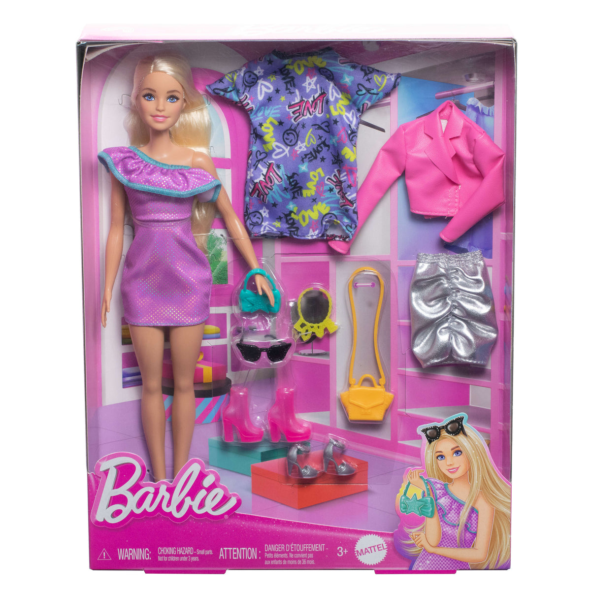 Parti elbiseleri ve çantalar dahil kıyafetleri ve aksesuarlarıyla Barbie bebek (3 farklı kombin)