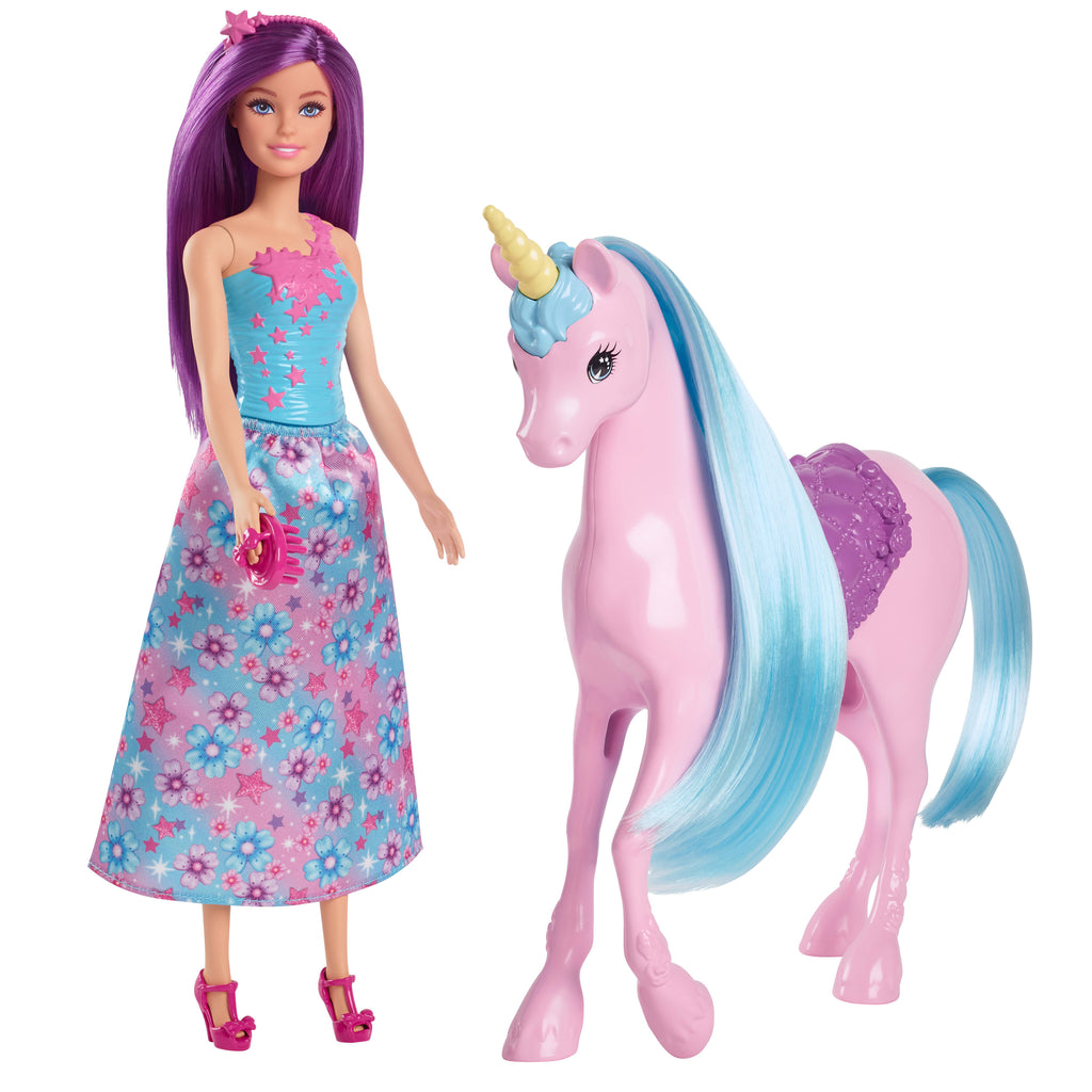 Barbie® büyüleyici bebek ve tek boynuzlu at oyuncak seti, eyer, fırça ve aksesuarlar