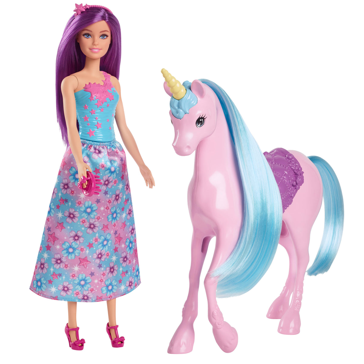 Barbie® büyüleyici bebek ve tek boynuzlu at oyuncak seti, eyer, fırça ve aksesuarlar