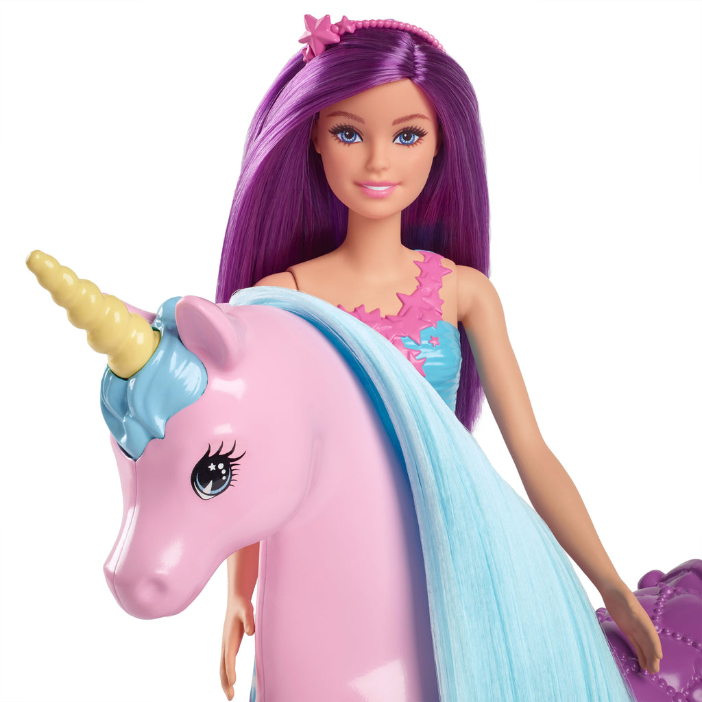 Barbie® büyüleyici bebek ve tek boynuzlu at oyuncak seti, eyer, fırça ve aksesuarlar