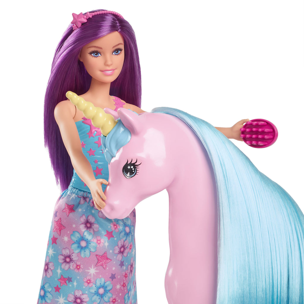 Barbie® büyüleyici bebek ve tek boynuzlu at oyuncak seti, eyer, fırça ve aksesuarlar