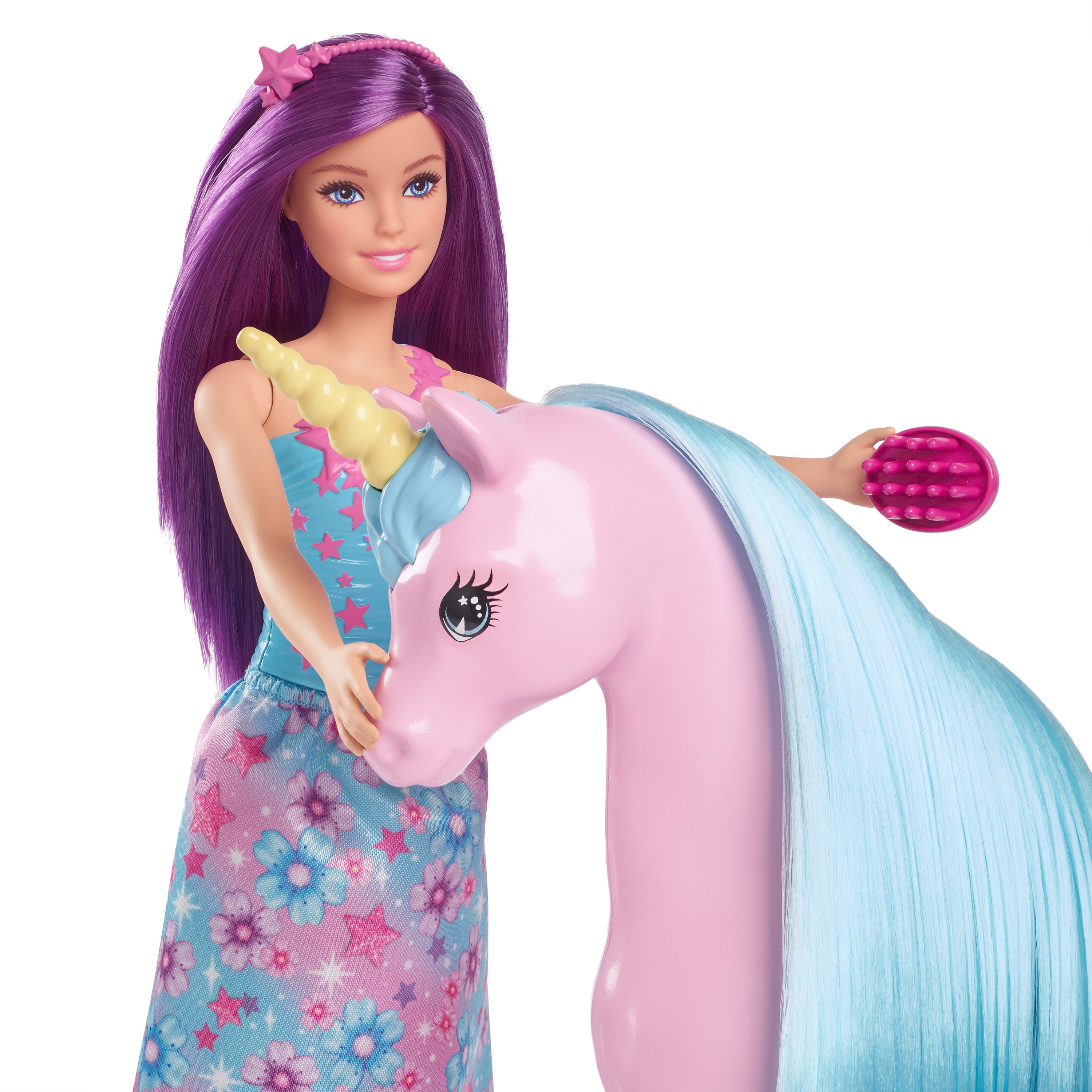 Barbie® büyüleyici bebek ve tek boynuzlu at oyuncak seti, eyer, fırça ve aksesuarlar