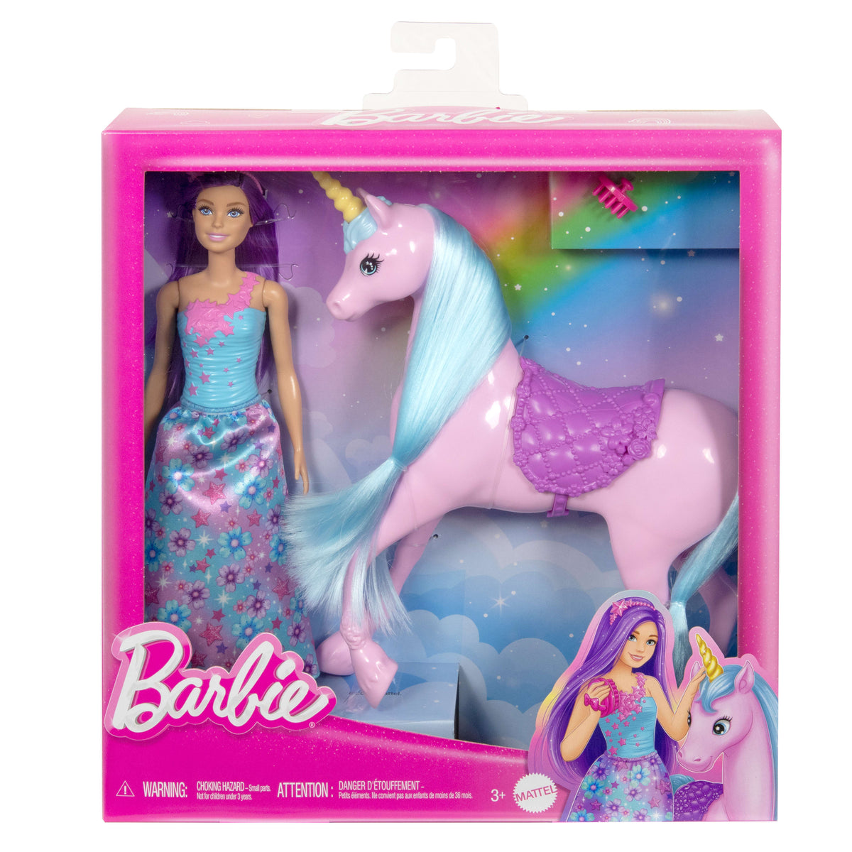 Barbie® büyüleyici bebek ve tek boynuzlu at oyuncak seti, eyer, fırça ve aksesuarlar