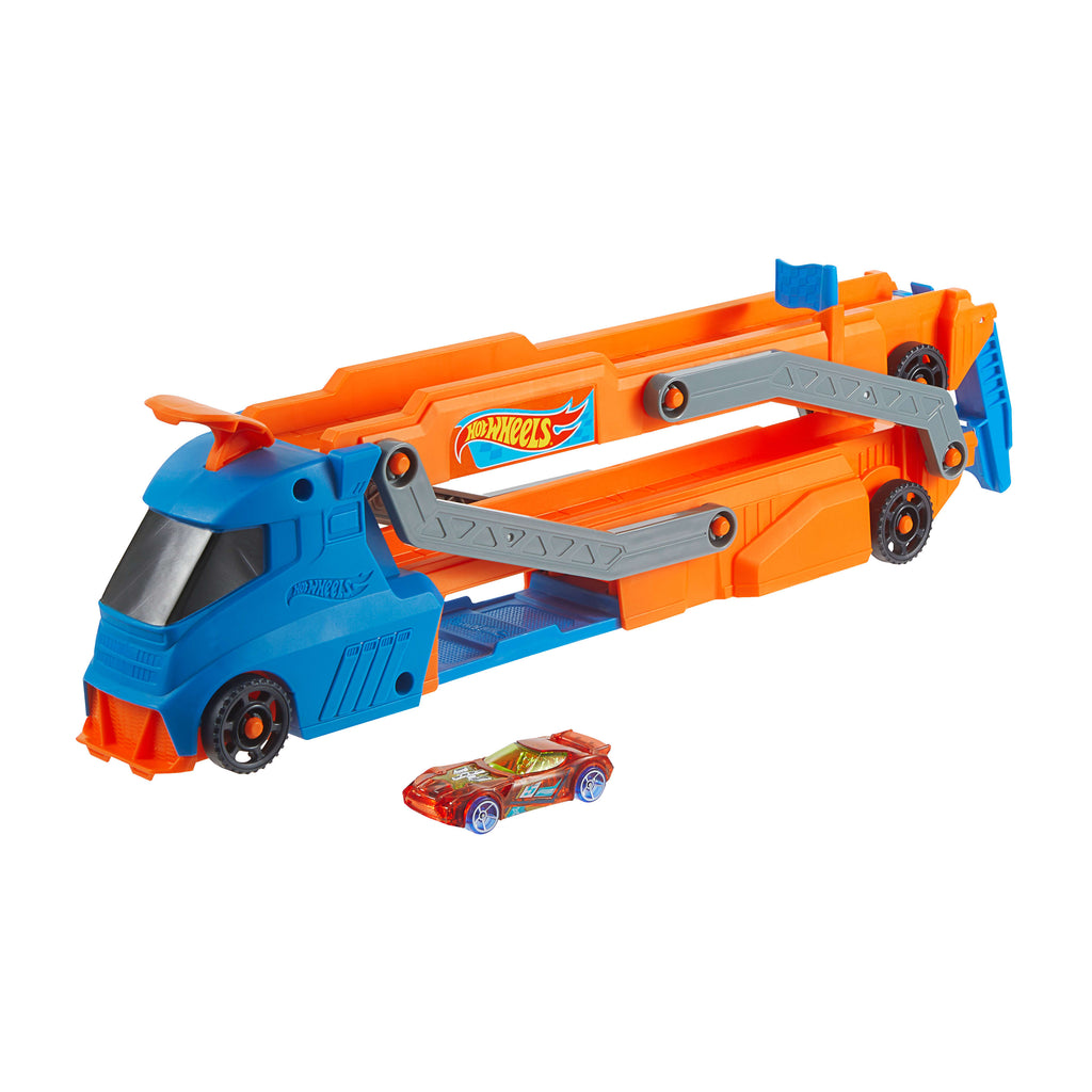 Hot Wheels Tır - YENİ, fırlatıcısı olan ve 40 cm'lik piste dönüşen kamyon, 9 oyuncak araba sığabilir, 1:64 ölçekli araç dahildir