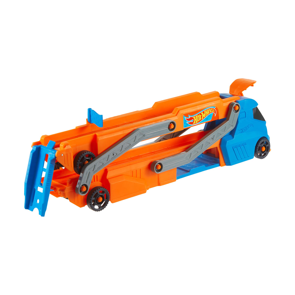 Hot Wheels Tır - YENİ, fırlatıcısı olan ve 40 cm'lik piste dönüşen kamyon, 9 oyuncak araba sığabilir, 1:64 ölçekli araç dahildir