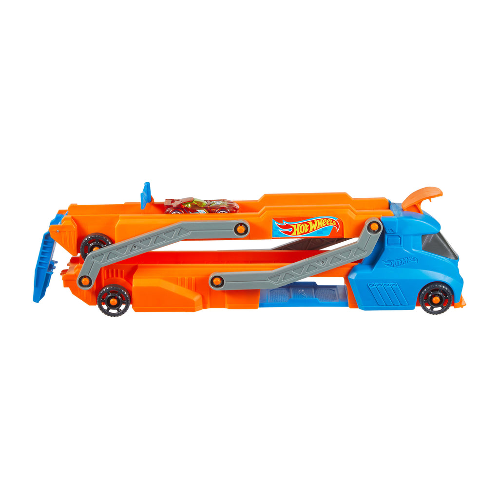 Hot Wheels Tır - YENİ, fırlatıcısı olan ve 40 cm'lik piste dönüşen kamyon, 9 oyuncak araba sığabilir, 1:64 ölçekli araç dahildir