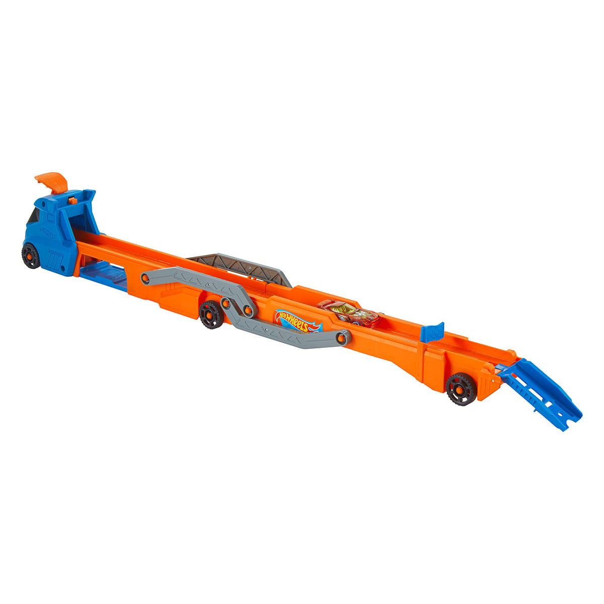 Hot Wheels Tır - YENİ, fırlatıcısı olan ve 40 cm'lik piste dönüşen kamyon, 9 oyuncak araba sığabilir, 1:64 ölçekli araç dahildir