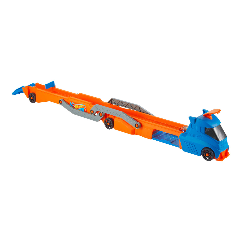 Hot Wheels Tır - YENİ, fırlatıcısı olan ve 40 cm'lik piste dönüşen kamyon, 9 oyuncak araba sığabilir, 1:64 ölçekli araç dahildir