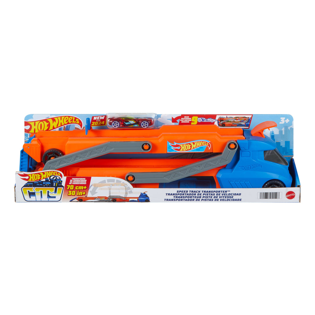 Hot Wheels Tır - YENİ, fırlatıcısı olan ve 40 cm'lik piste dönüşen kamyon, 9 oyuncak araba sığabilir, 1:64 ölçekli araç dahildir