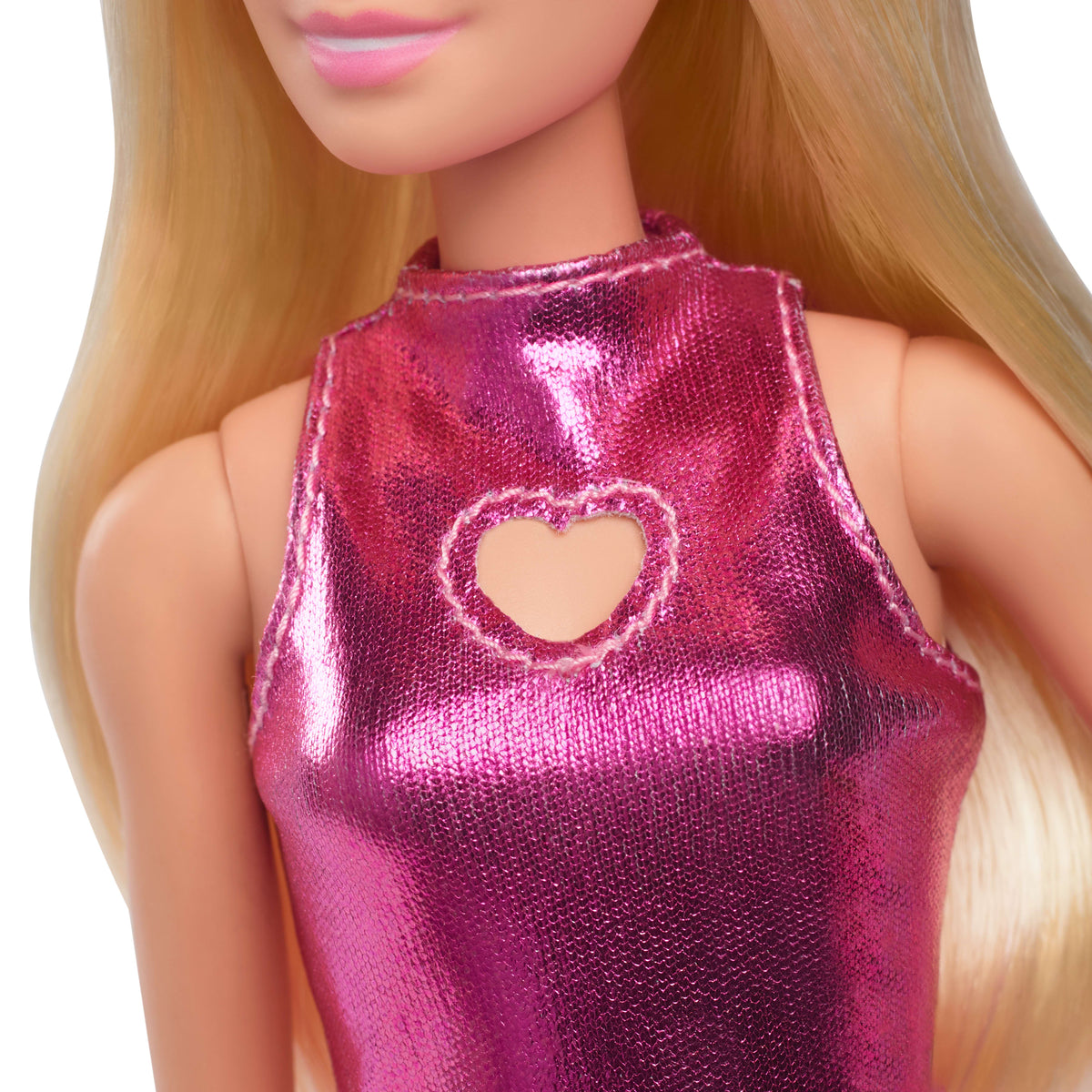 Kalp detaylı metalik pembe mini elbisesiyle sarı saçlı Barbie Fashionistas bebek (230)