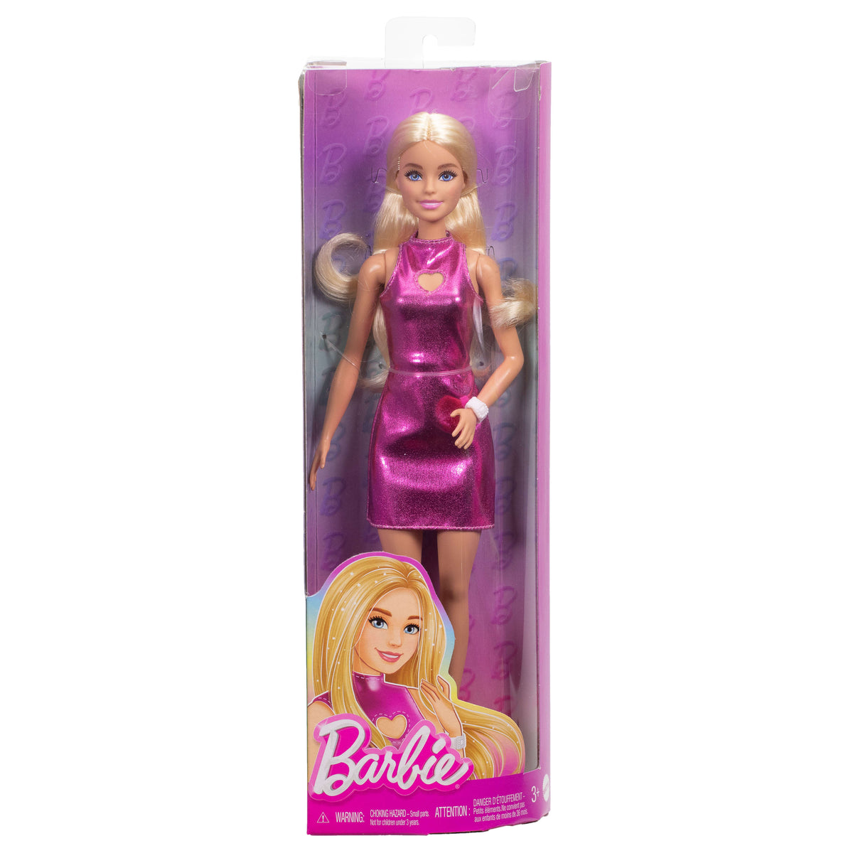 Kalp detaylı metalik pembe mini elbisesiyle sarı saçlı Barbie Fashionistas bebek (230)