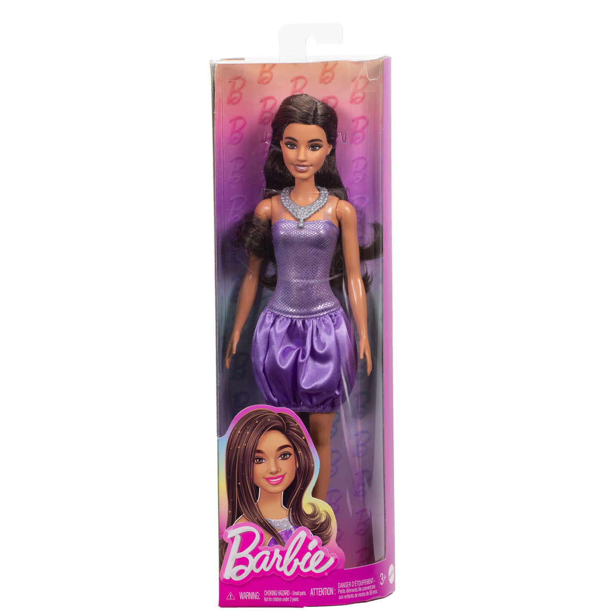 Payetli mor elbisesi ve gümüş rengi aksesuarlarıyla kahverengi saçlı Barbie Fashionistas bebek (234)