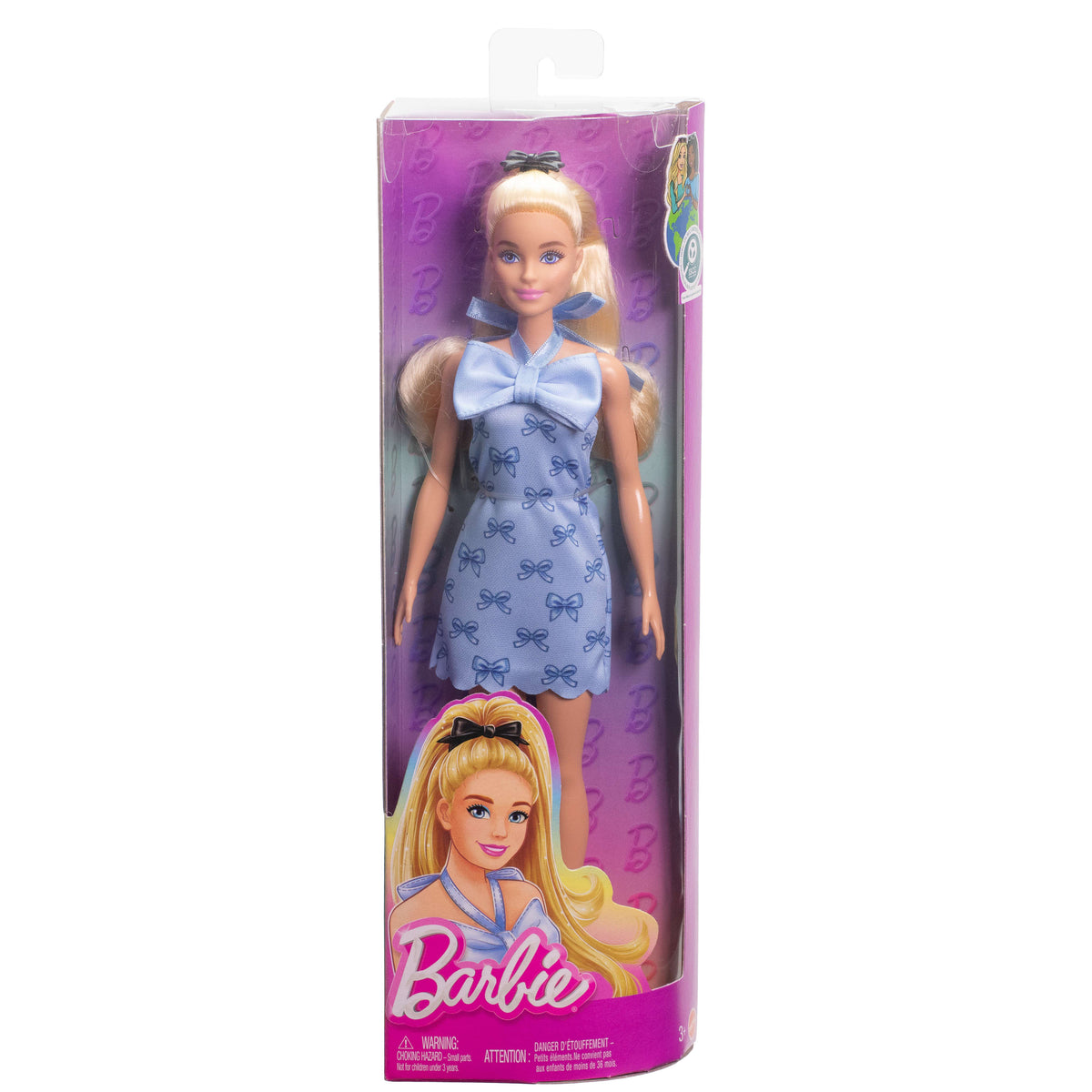 Fiyonklu ve önden bağlamalı mavi elbisesi ve fiyonklu tokayla at kuyruğu yaptığı sarı saçlarıyla Barbie Fashionistas bebek (237)