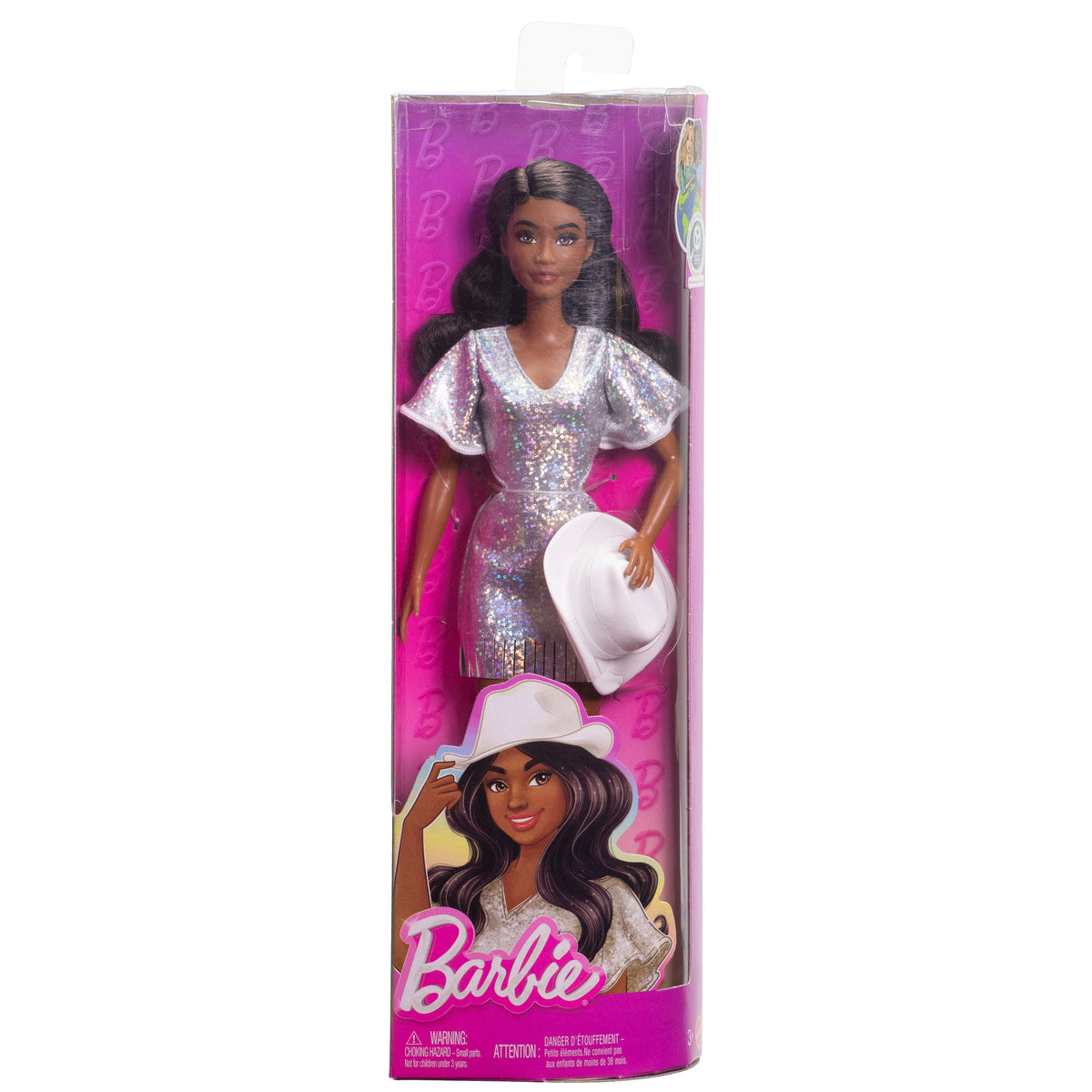 Gümüş rengi ışıltılı elbisesi, kovboy şapkası ve çizmeleriyle siyah saçlı Barbie Fashionistas bebek (239)