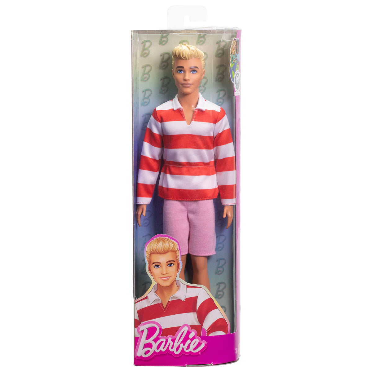 Kırmızı çizgili üstü, pembe şortu ve beyaz sneaker'larıyla sarışın Barbie Fashionistas Ken bebek #241