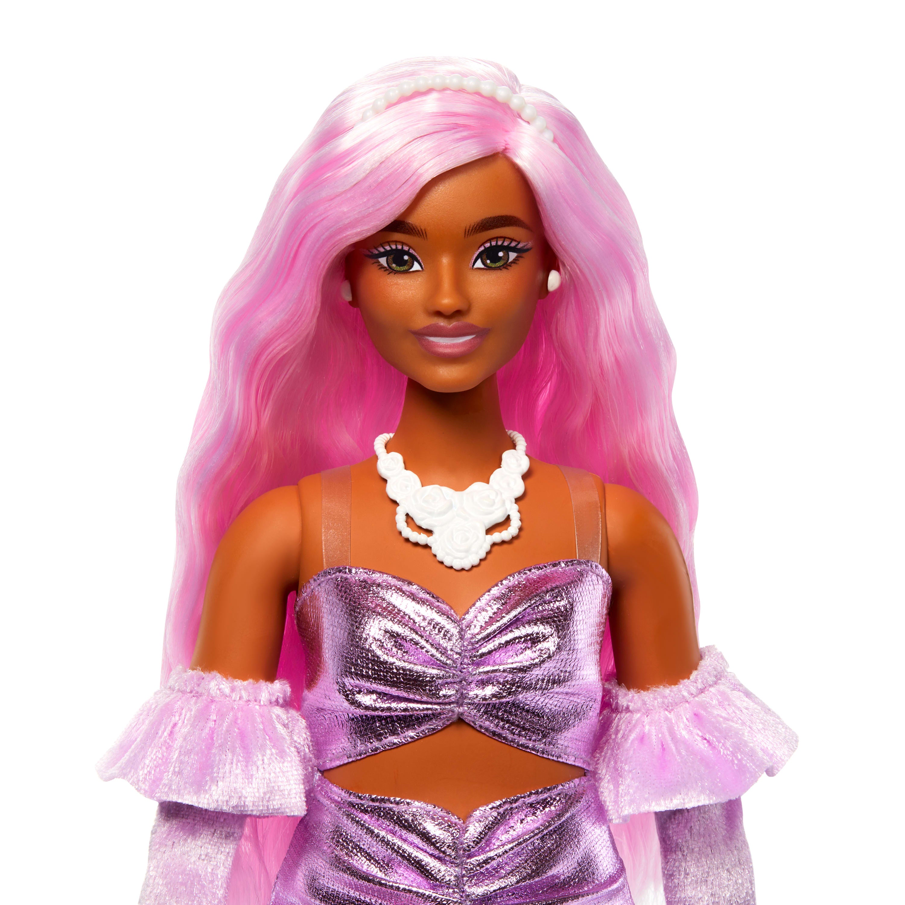 Klasik Barbie tarzındaki parlak pembe elbisesi ve kadife eldivenleriyle pembe saçlı Barbie Stil İkonu bebek (1)