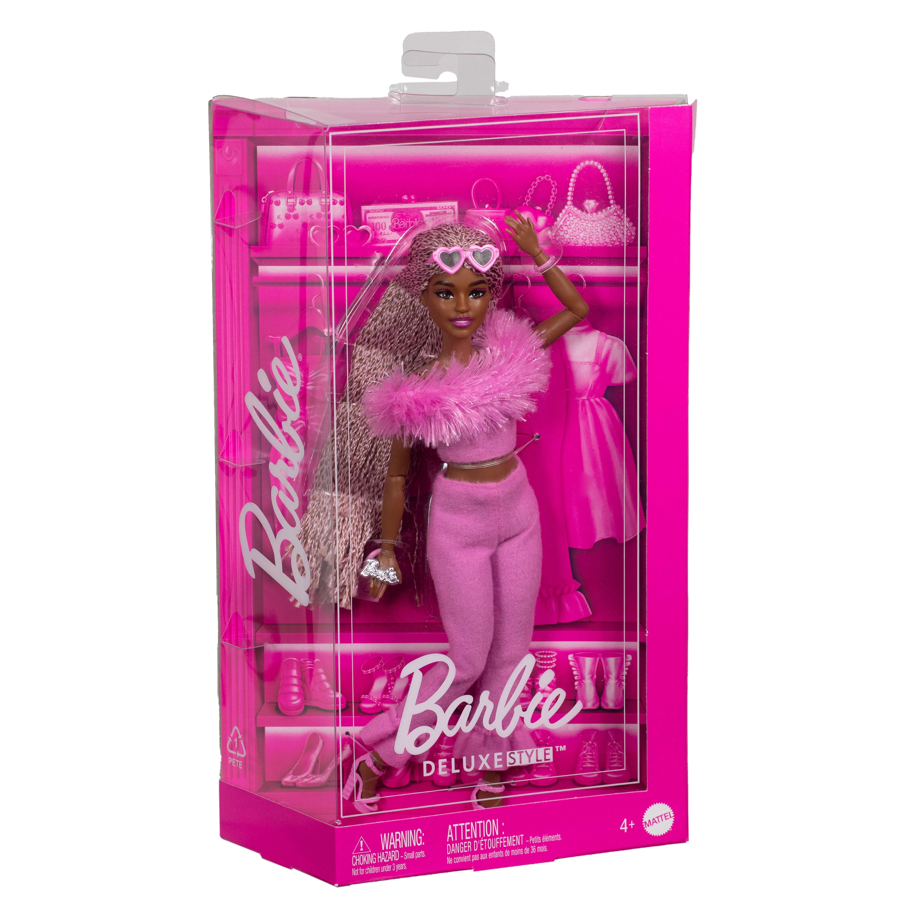 Pembe renkli yumuşacık takımıyla pembe ve kahverengi örgülü saçlı Barbie Stil İkonu bebek (4)