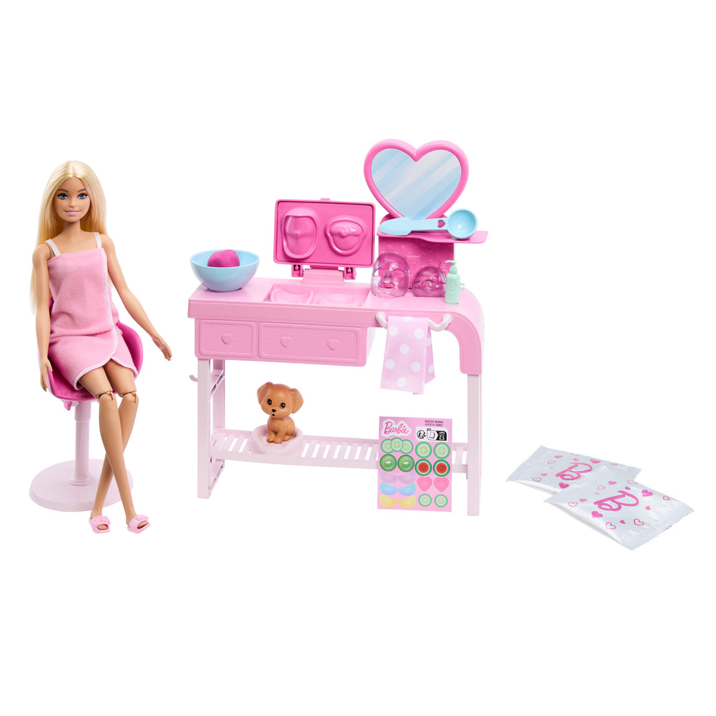 Hamur maskeler yapmak için 3 toz paketi dahil 10'dan fazla spa aksesuarı ve 1 bebek içeren Barbie Yüz Maskesi Oyun Seti