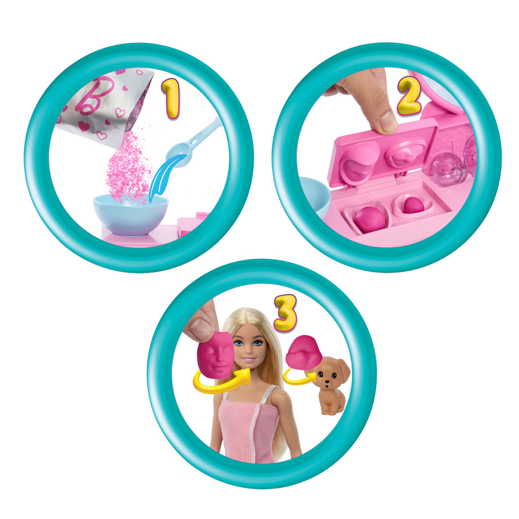 Hamur maskeler yapmak için 3 toz paketi dahil 10'dan fazla spa aksesuarı ve 1 bebek içeren Barbie Yüz Maskesi Oyun Seti